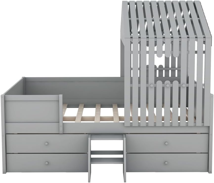 Full Size House Low Loft Bed with Four Drawers,Gray 2-Numbers of Package Pine+MDF 350Lb 10pcs 77.8" L*57.6" W*60" H Wood GX001806AAE-1