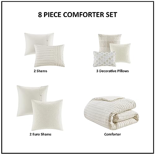 Madison Park King Comforter Set Clipped Jacquard Stripes with Buttons Boho Comforter for a King-Size Bed, Cotton Oversized Comforters with Removable Cover Boho Bedding, King Ivory 9 Piece
