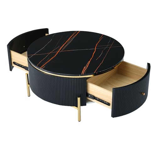 Modern Round Lift-top Nesting Coffee Tables with 2 Drawers for Living Room White & Natural