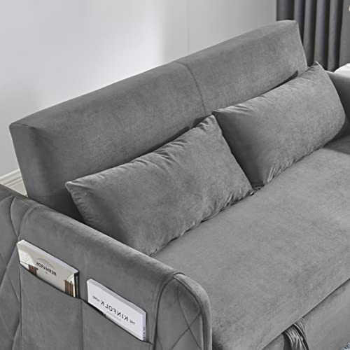 55" Modern Convertible Sofa Bed with Pull Out Bed - Velvet Loveseat Sofa Sleeper Sofa Couch Futon Sofa Bed Couch Chaise Lounge with 2 Detachable Arm Pockets, 2 Pillows for Living Room (Black)