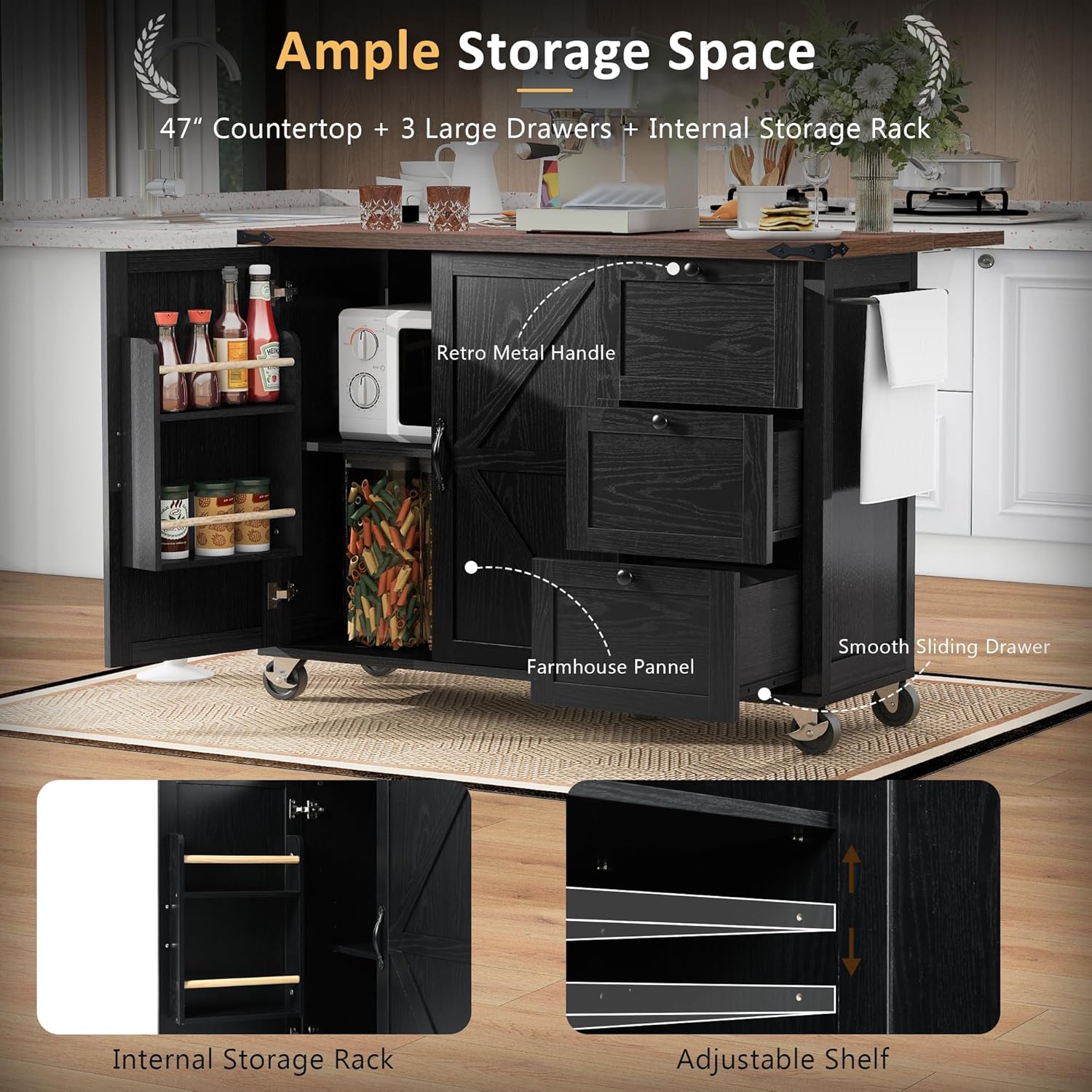 roomfitters 54.5" Farmhouse Kitchen Island with Power Outlet, Kitchen Storage Island with Internal Storage Rack, Drop Leaf, Spice Rack, Rolling Kitchen Cart, for Home, Kitchen and Dining Room (Black)