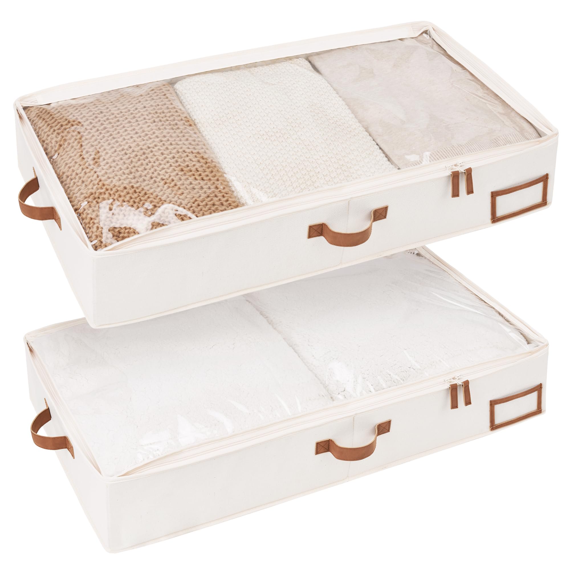 Foldable underbed storage bins, 2 pack fabric organizers with label holder, extra thick for clothes blankets shoes, easy carry handles, beige