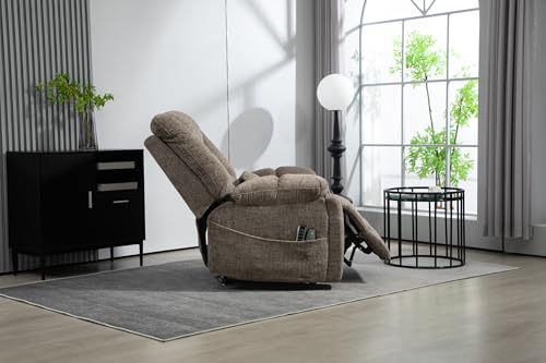 Light Grey Recliner Chair for Elderly | Tall and Big Man 400lbs | Chenille | Power Lift, Lay Flat, Stand Up, Wireless Charging Device, Extended Footrest, Massage Heat, Cup Holder, Lumbar Pillow