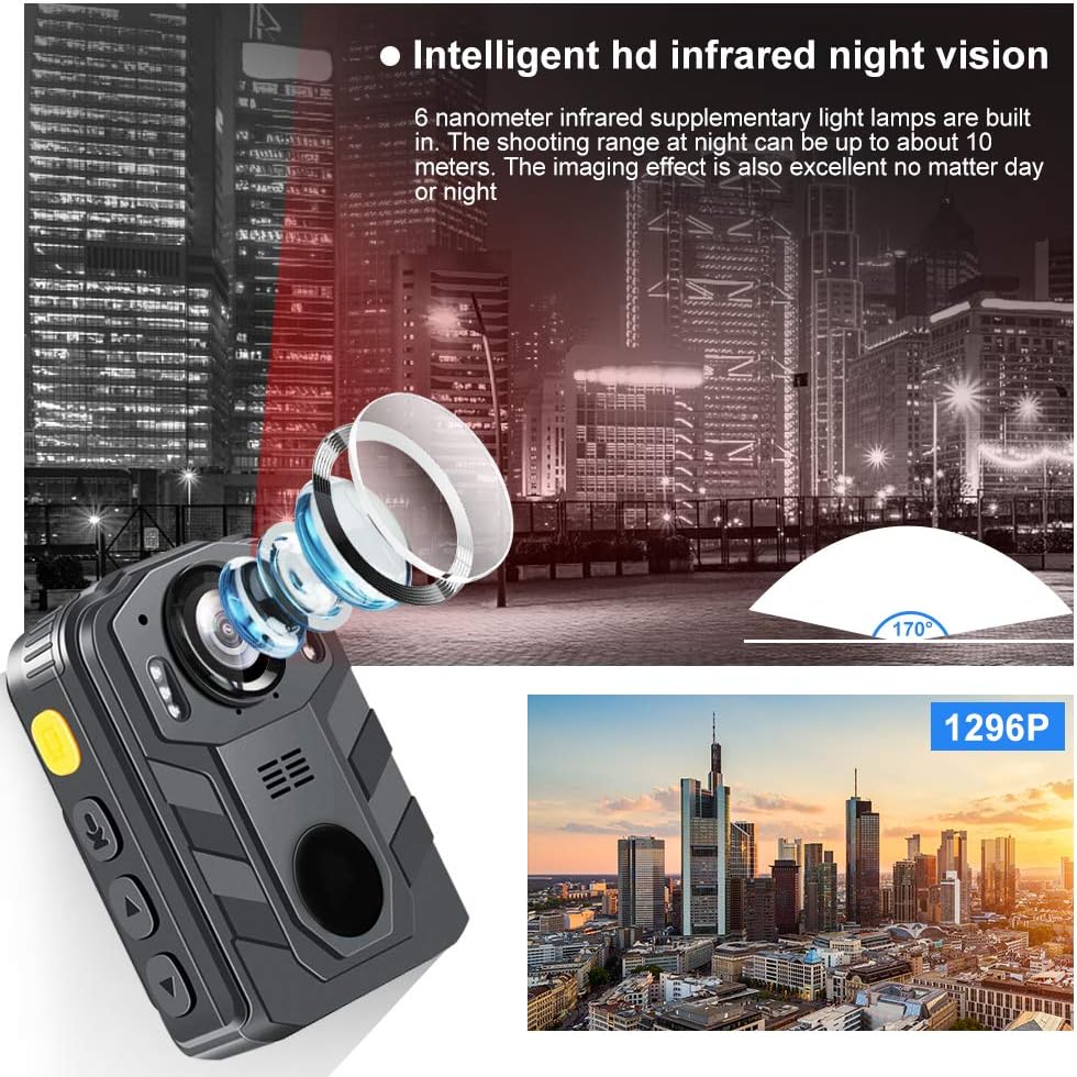 CAMMHD 1296P HD Police Body Camera with 2 Inch Display, Waterproof Body-Worn Camera, Wearable Camera, Portable HD Body Camera, IR Night Vision, Built-in Battery, 32GB Memory