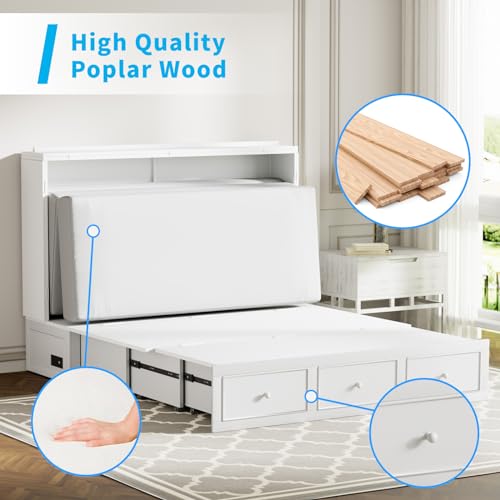 Mjkone Murphy Bed Cabinet with Tri-Folding Mattress, USB Charging Station & Storage Drawers, Multi-Purpose Guest Room Wall Bed, Space-Saving Murphy Cabinet Bed - Grey