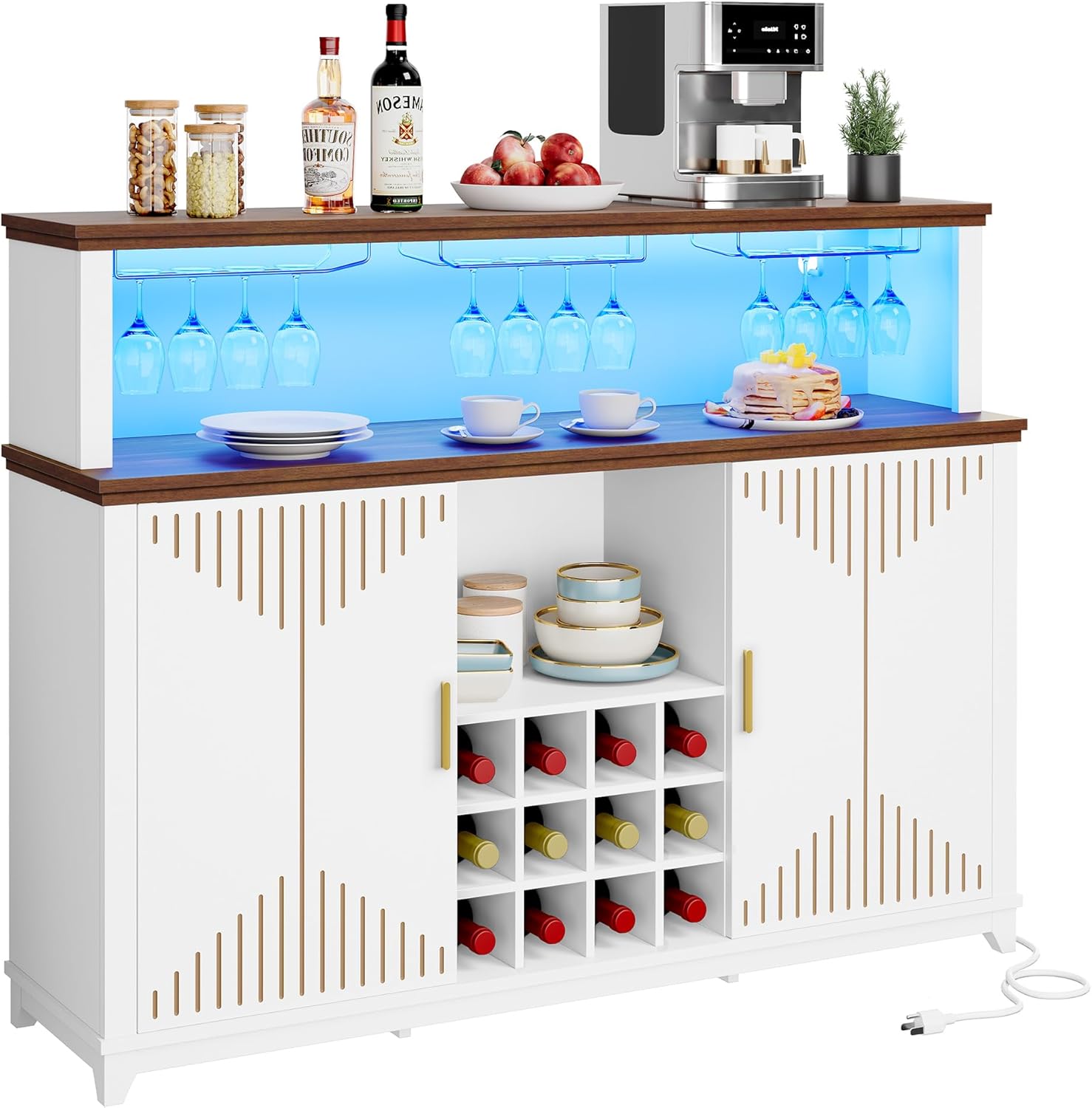 YITAHOME Coffee Bar Cabinet with Storage, 55" Wine Bar Cabinet w/LED Lights & Power Outlet, Kitchen Buffet Cabinet with Door Wine and Glass Rack, Bar Cabinets w/Storage Shelves for Dining Room, White