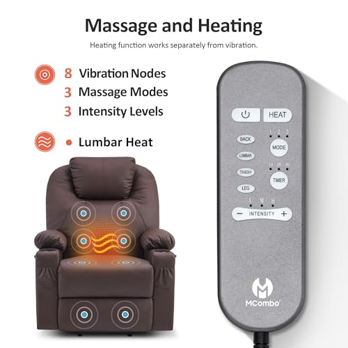 MCombo Power Lift Recliner Chair for Elderly, Lift Chair with Heat and Massage, FSC Certified, USB Ports, Cup Holders, Faux Leather 7040 (Black, Medium)