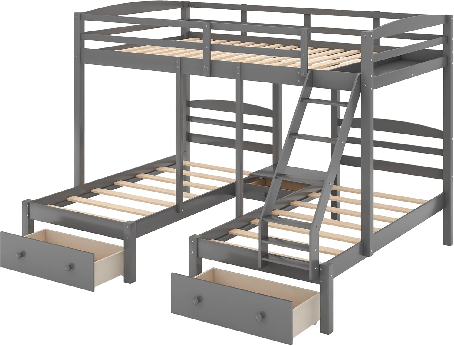 Harper & Bright Designs Full Over Twin Triple Bunk Bed with Storage Drawers,Full Over Twin & Twin Bunk Beds with Ladders,Solid Wood Bunk Bed Frame with Guardrails for Kids Teens Aldults(Grey)