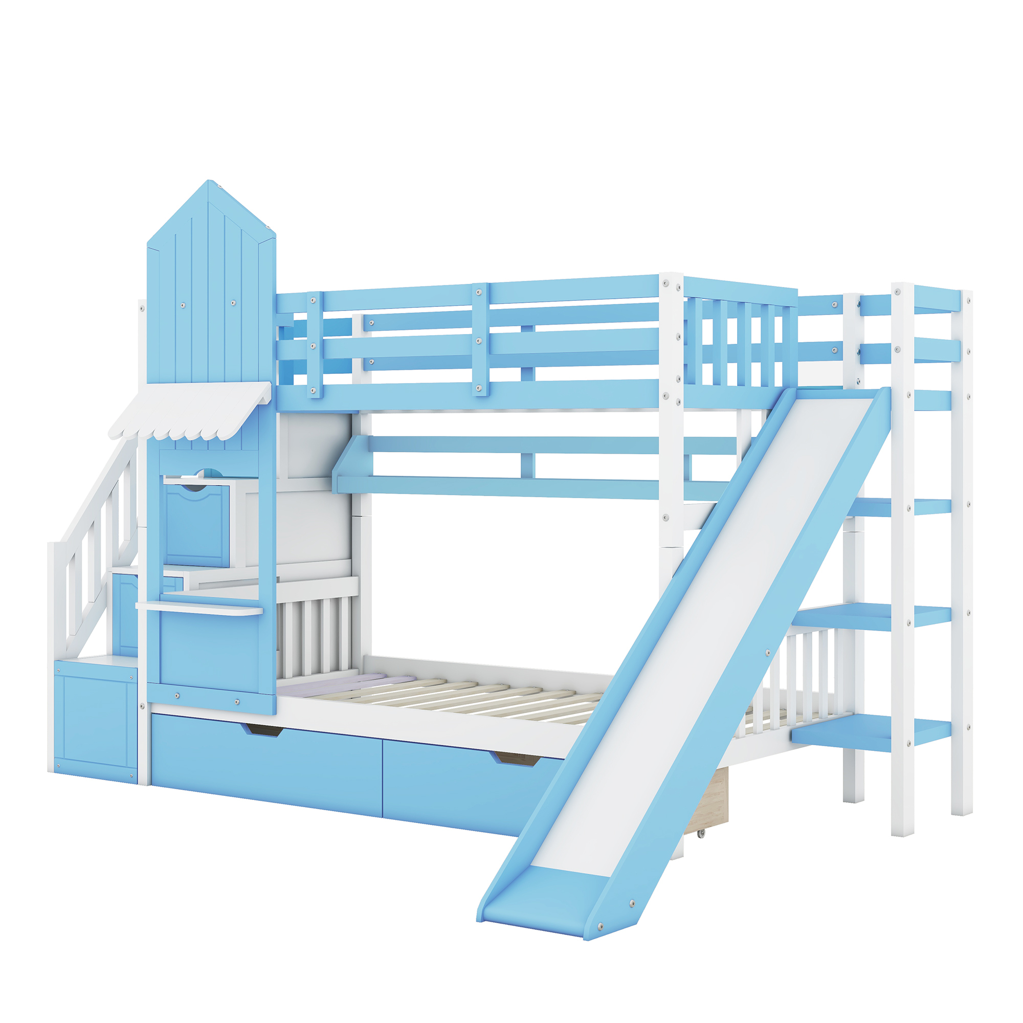 Blue Castle-Themed Twin Bunk Bed with Slide, 2 Drawers & 3 Shelves for Kids' Room