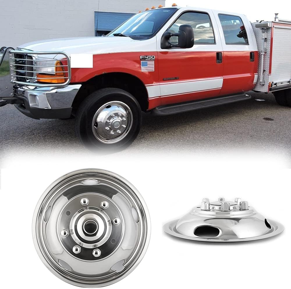 Deebior 4pcs 17inch Polished Stainless Steel Dually Wheel Simulators, Nice looking and Durable Bolt On Wheel Cover, 8 Lug 4 Hand Hole Hubcaps Fit for 2005-2021 Ford F350 with Installation Tool Kit A8P