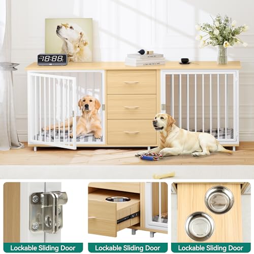 YITAHOME 74" Double Dog Crate Furniture with 2 Feeder Bowls, Wooden Dog Kennel TV Stand with Room Divider for 2 Large Medium Small Dogs, Walnut White