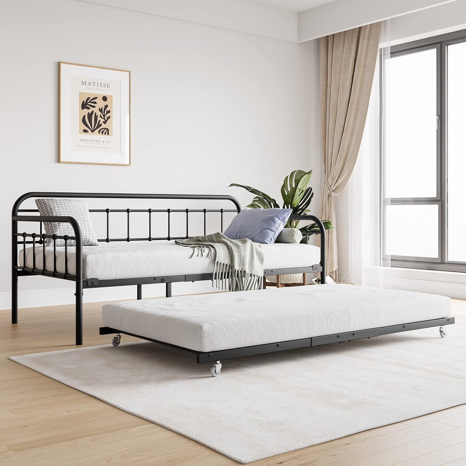 Twin Size Metal Daybed, Metal Day Bed with Trundle w/4 Esay-Glide Casters, Heavy Duty Steel Slat Support Sofa Bed with Headboard for Living Room Bedroom Guestroom, Noise Free, Black