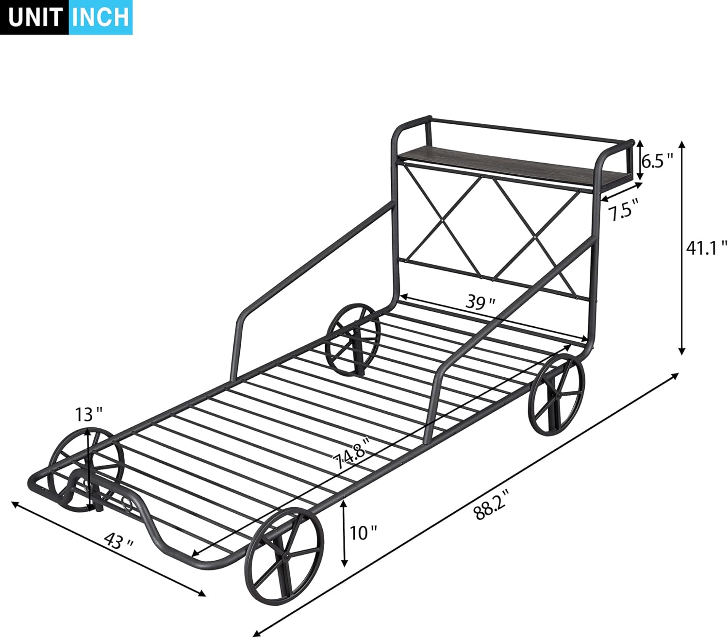 Size Metal Car Bed With Four Wheels For Boys Girls, Guardrails Ad X-Shaped Frame Shelf, Black