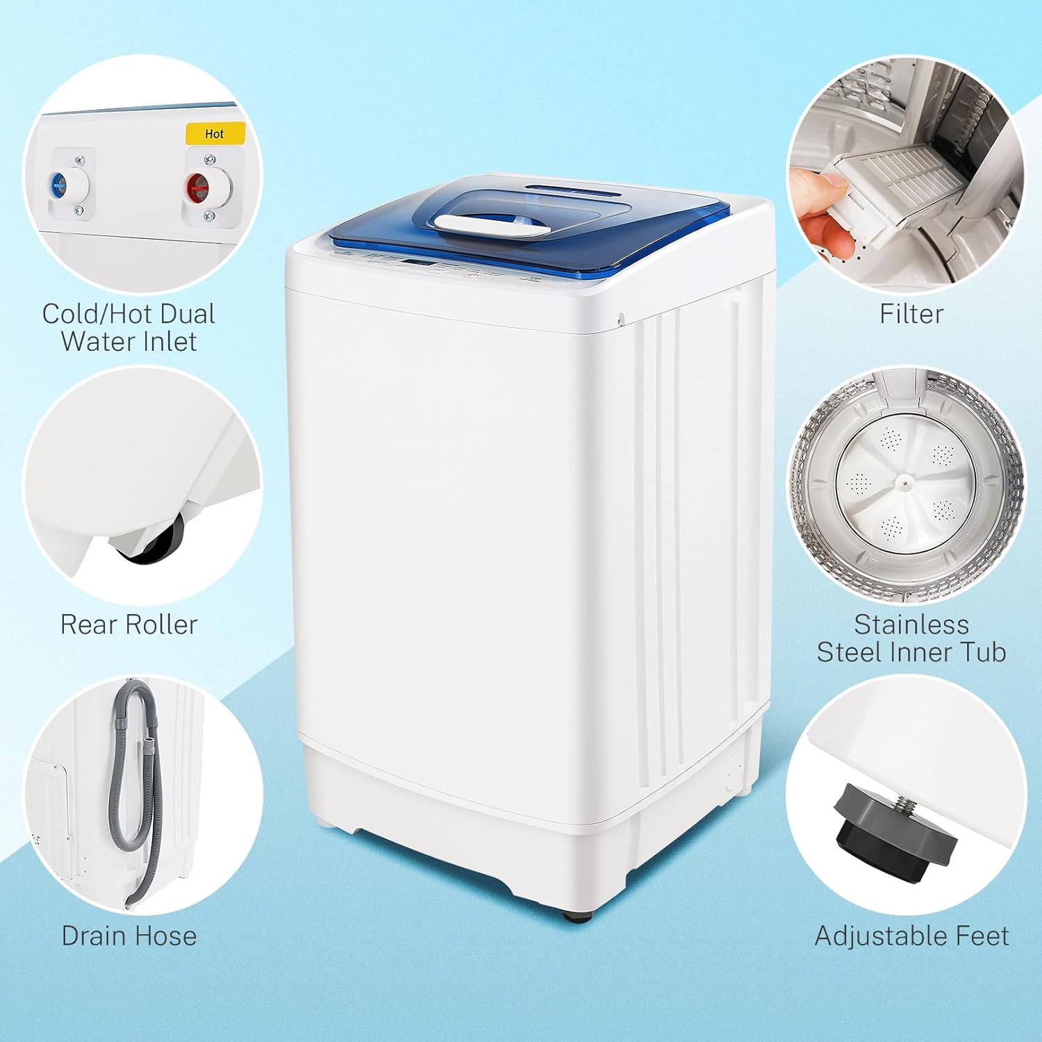 Nictemaw Portable Washing Machine, 17.8Lbs Capacity Compact Laundry Washer, 2.3 Cu.ft Full-Automatic Washer and Spinner Combo with 8 Cycles, LED Display, Drain Pump for Apartment RV Dorm