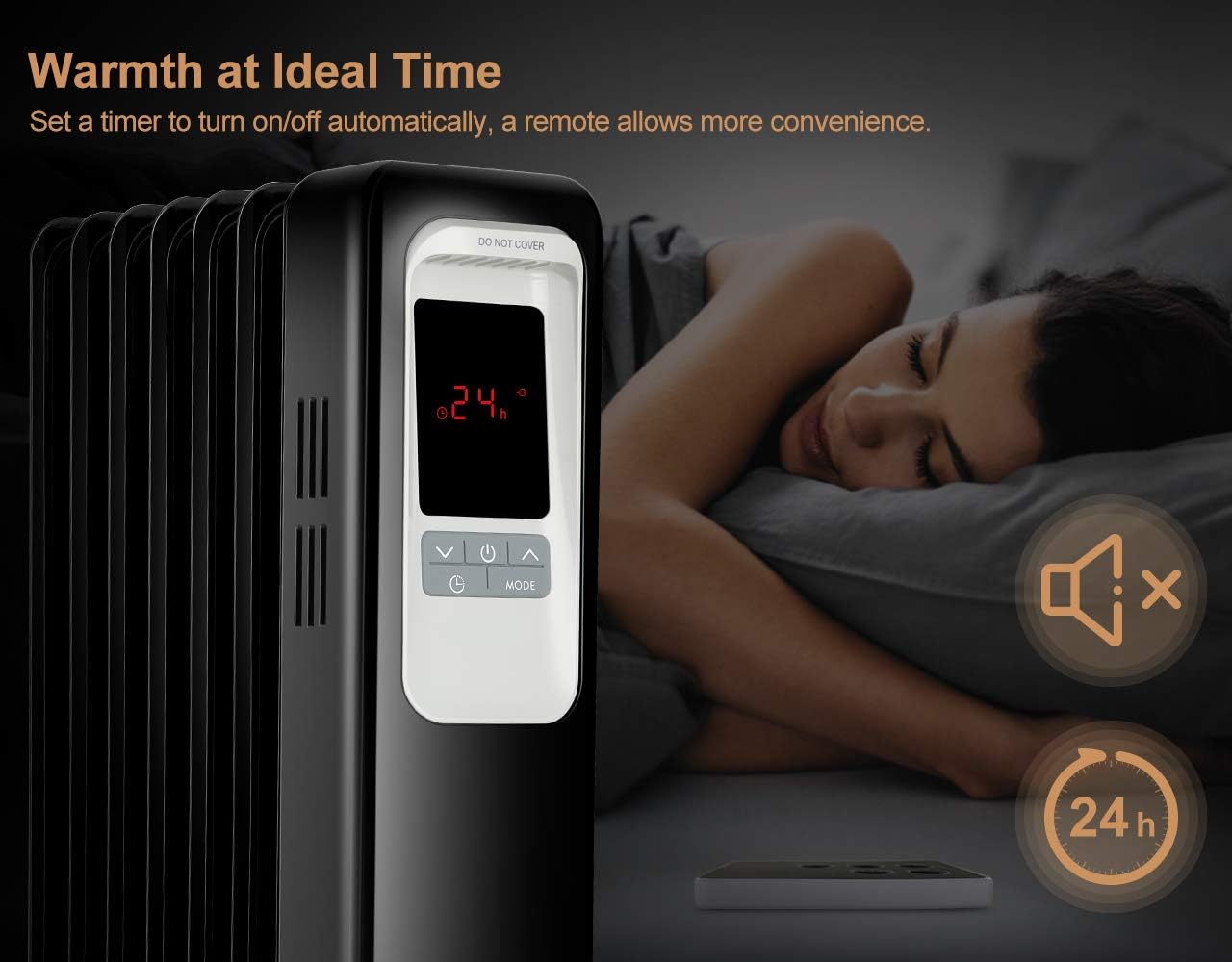 Space Heater, KopBeau 1500W Oil Filled Radiator Electric Heater with Digital Thermostat, 24 Hrs Timer & Remote, Portable Heater for Full Room Indoor