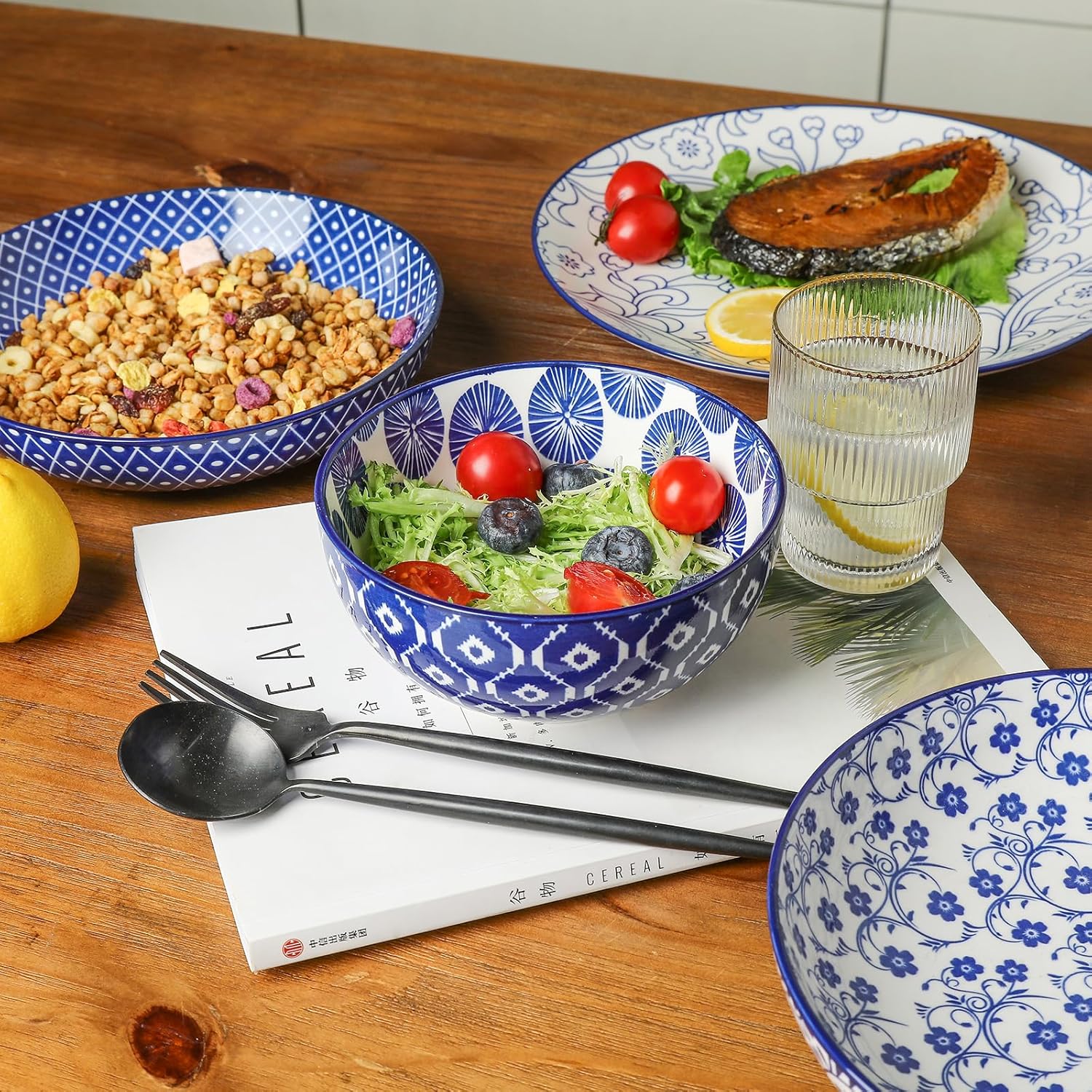 Selamica Ceramic 16 Pieces Dinnerware Set for 4 + 8 Inch Rectangular Salad Plates, Vintage Blue
