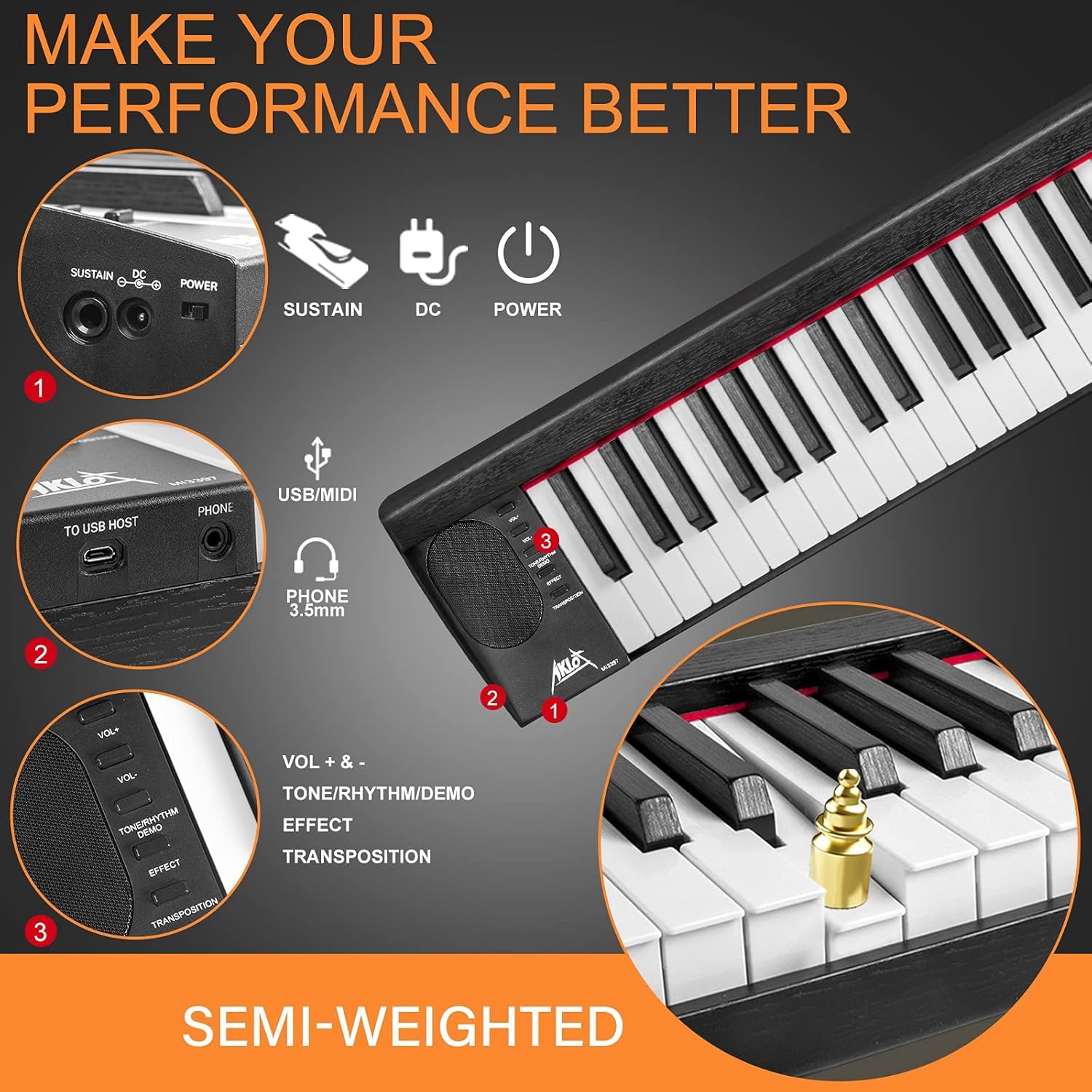 Digital Piano Keyboard 88 Keys, AKLOT Electric Piano Portable Semi-Weighted Full Size with Sustain Pedal Power Supply for Beginner Adults Practice