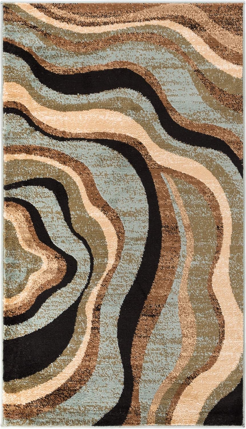 Hudson Waves Blue Brown Geometric Modern Casual Area Rug 8x10 8x11 ( 7'10" x 9'10" ) Easy to Clean Stain Fade Resistant Shed Free Abstract Contemporary Natural Lines Multi Soft Living Dining Room Rug