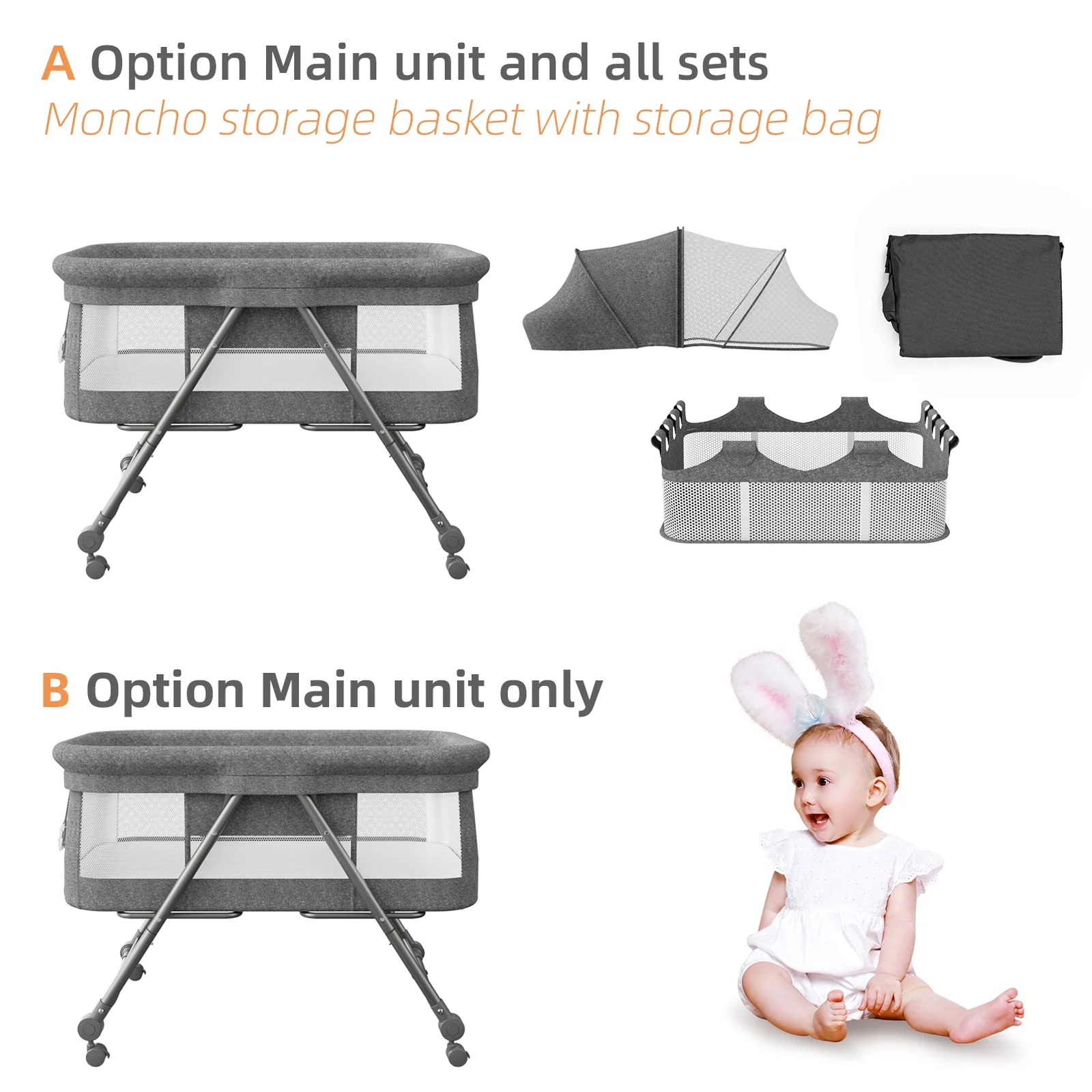 XJD Baby Bassinet Portable Folding Rocking Bassinet for Baby 2-in-1 Rocking Cradle Bassinet for Newborn Infant Crib Toddler Bassinet with Storage Basket, Travel Bag, Gray