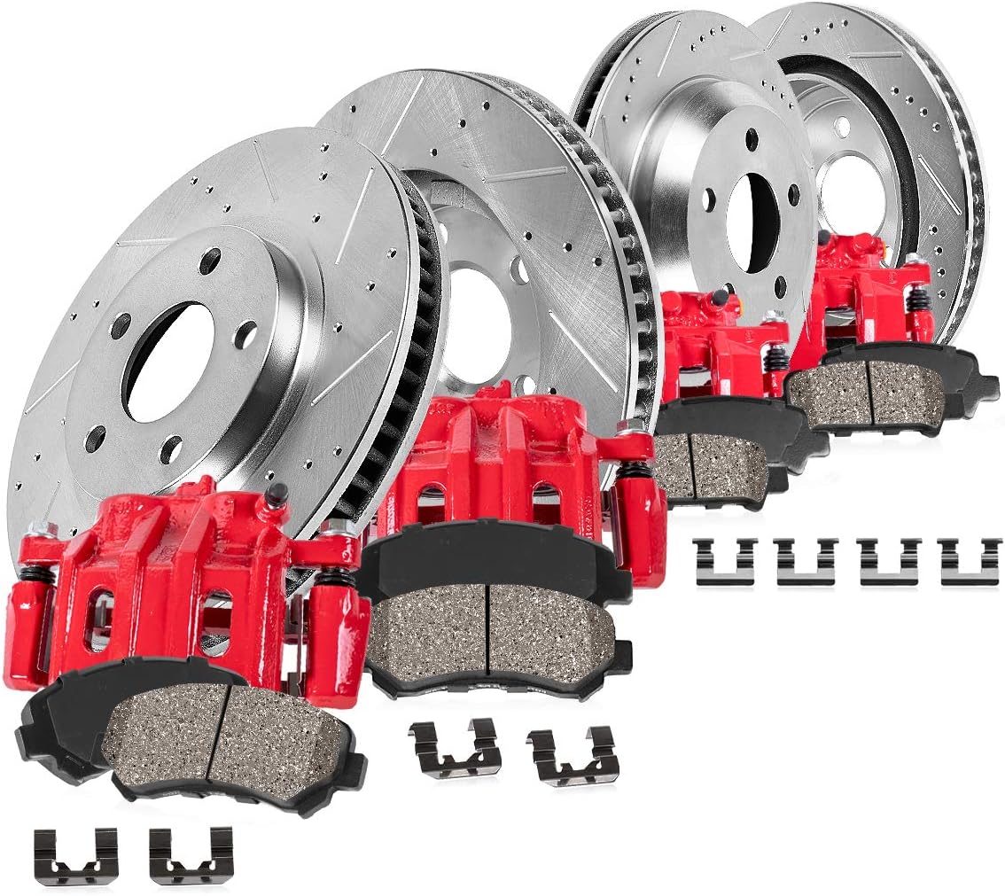 Callahan CCK03629 [4] FRONT + REAR Premium Red Calipers + [4] Drilled/Slotted Rotors + Ceramic Brake Pads + Hardware Kit