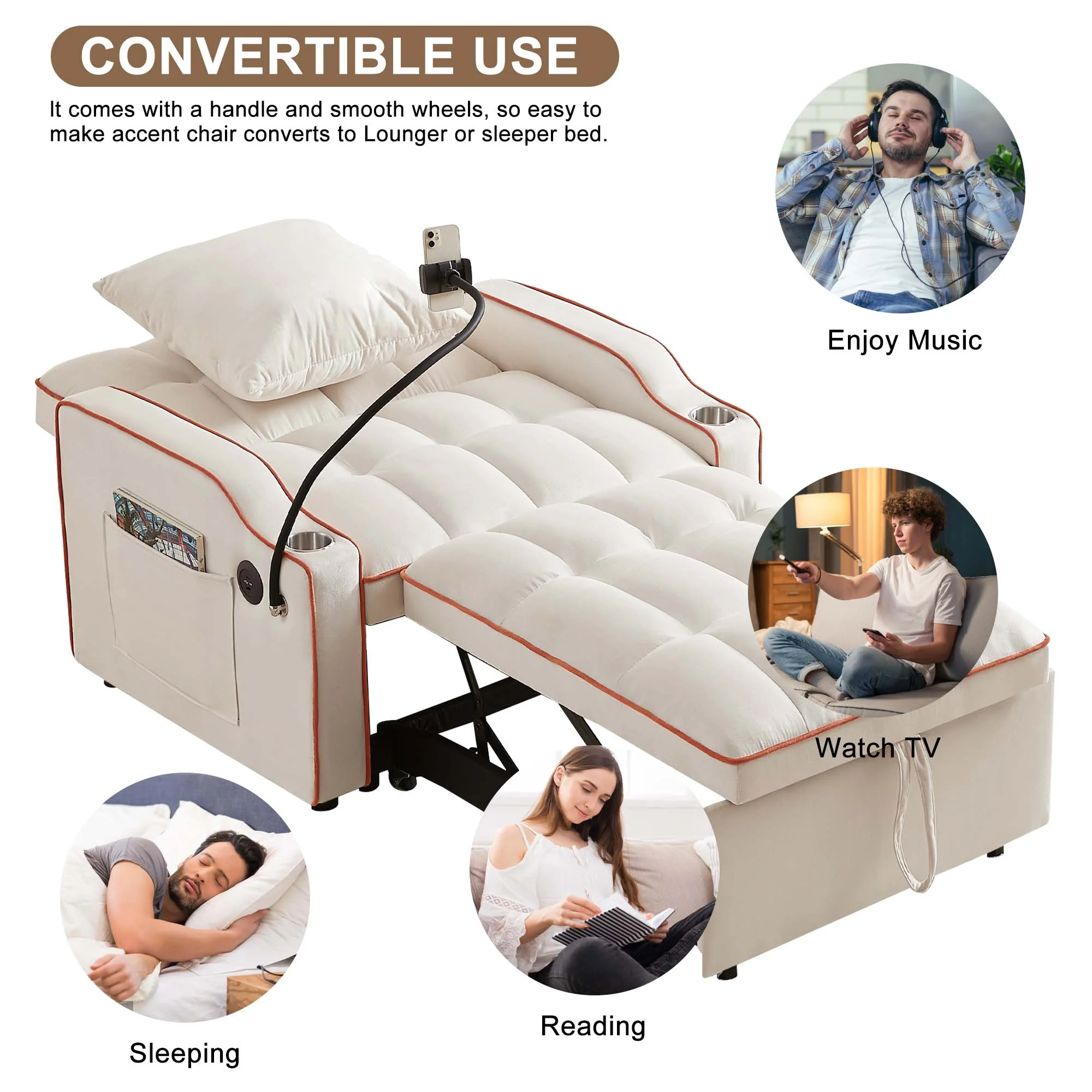 Aukfa Sleeper Chair Bed, Convertible Pull Out Sofa Bed with USB Port, Cup Holders and Swivel Phone Holder, Beige