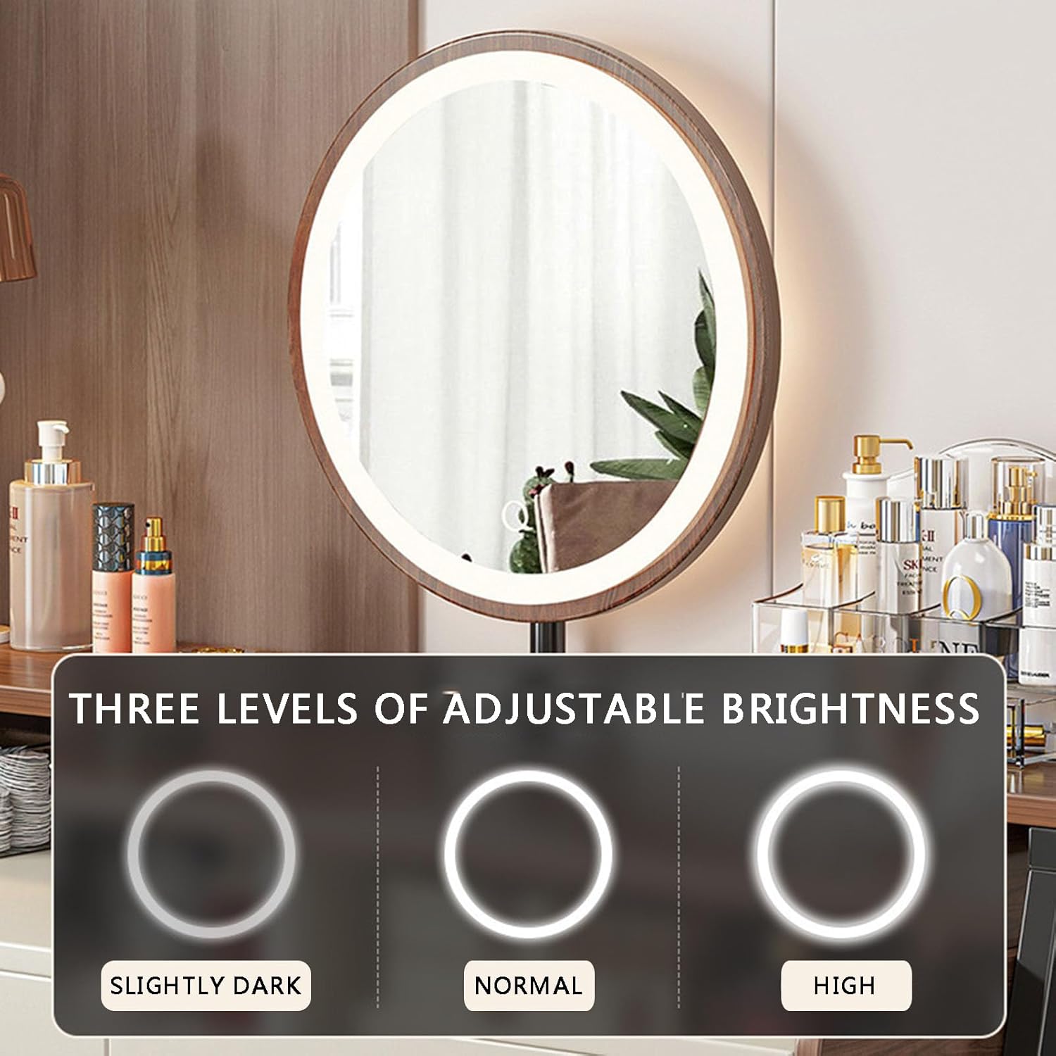 Solid Wood Vanity Set, Makeup Dressing Table 3-Color Dimmable Lighted Mirror vanities with 2 Drawers Home Office Desk for Women Girls