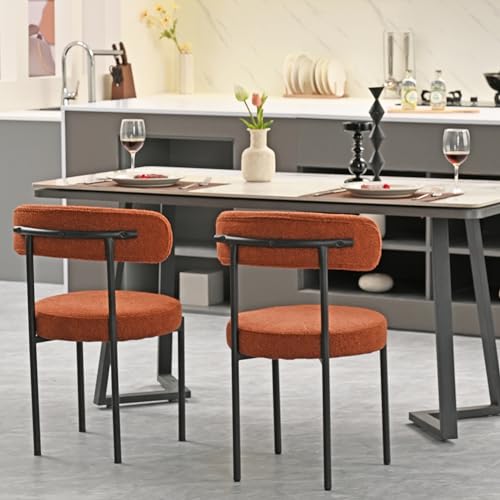 Dining Chairs Set of 2, Round Upholstered Kitchen Boucle Chairs, Mid-Century Modern Curved Back Dining Room Side Chair for Living Room Dining Room Kitchen Restaurant Café (Brown)