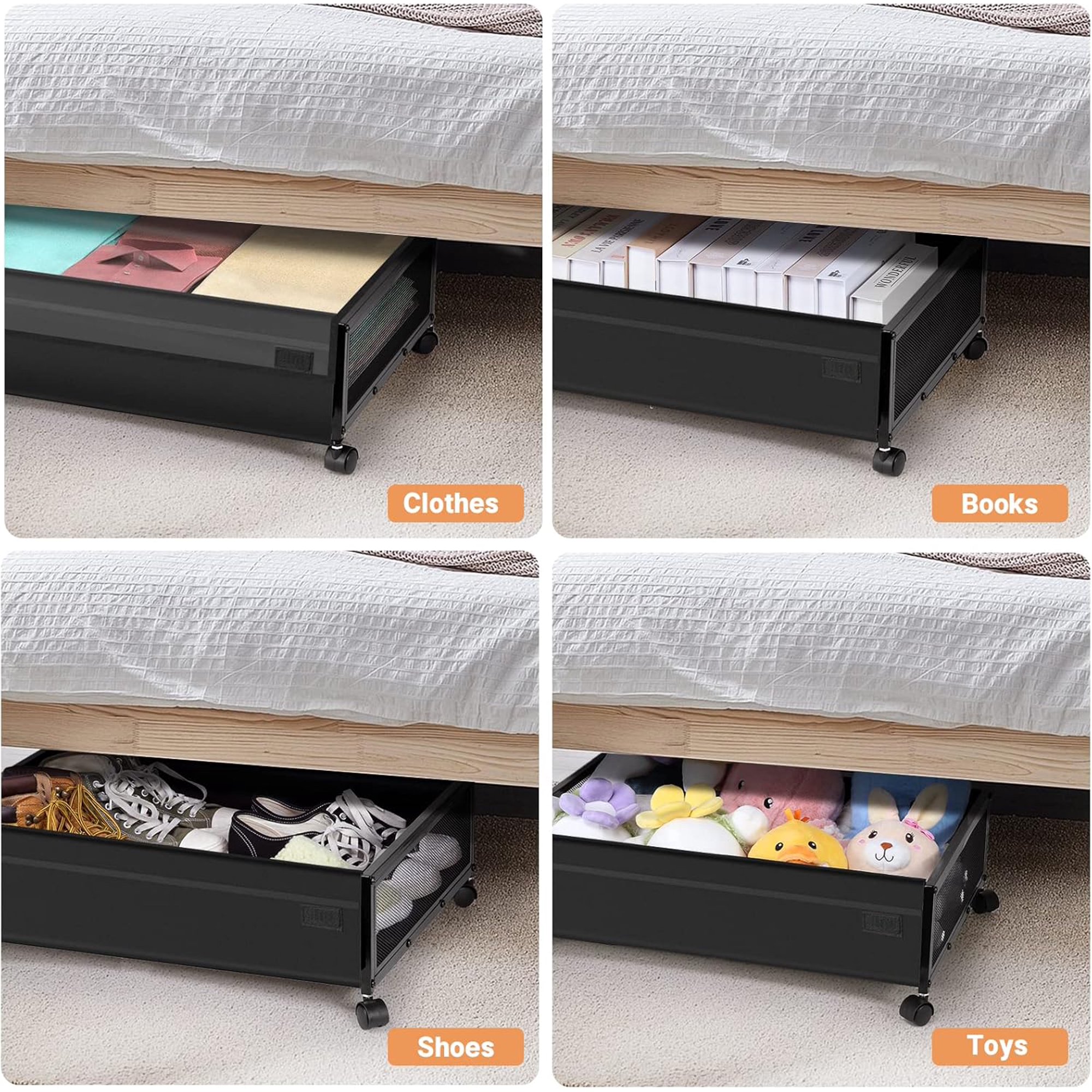 2-Pack Under Bed Storage with Wheels - Rolling Underbed Organizer Containers Drawer Bins with Lid for Clothes, Shoes, Toys, Books, Blankets