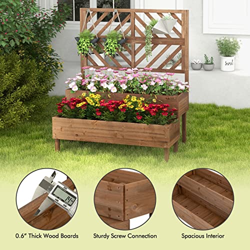 Giantex Raised Garden Bed with Trellis, 2-Tier Wooden Planter Box with Legs and Drain Holes, Garden Trellis for Vine Fruit Vegetable Flower Herb, Outdoor Elevated Garden Bed (Brown)