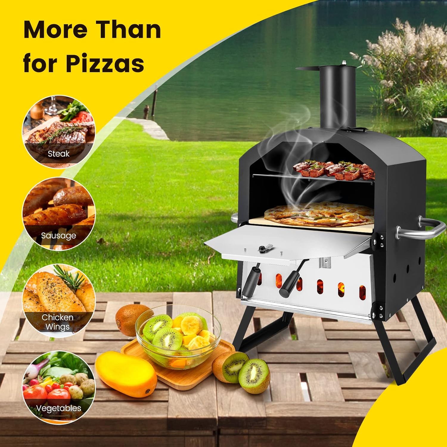 Giantex Outdoor Pizza Oven Wood Fired, 2-Layer Pizza Maker with Pizza Stone, Pizza Peel, Removable Cooking Rack, Waterproof Cover, Folding Legs, Outside Pizza Ovens for Camping Backyard BBQ (28 Inch)