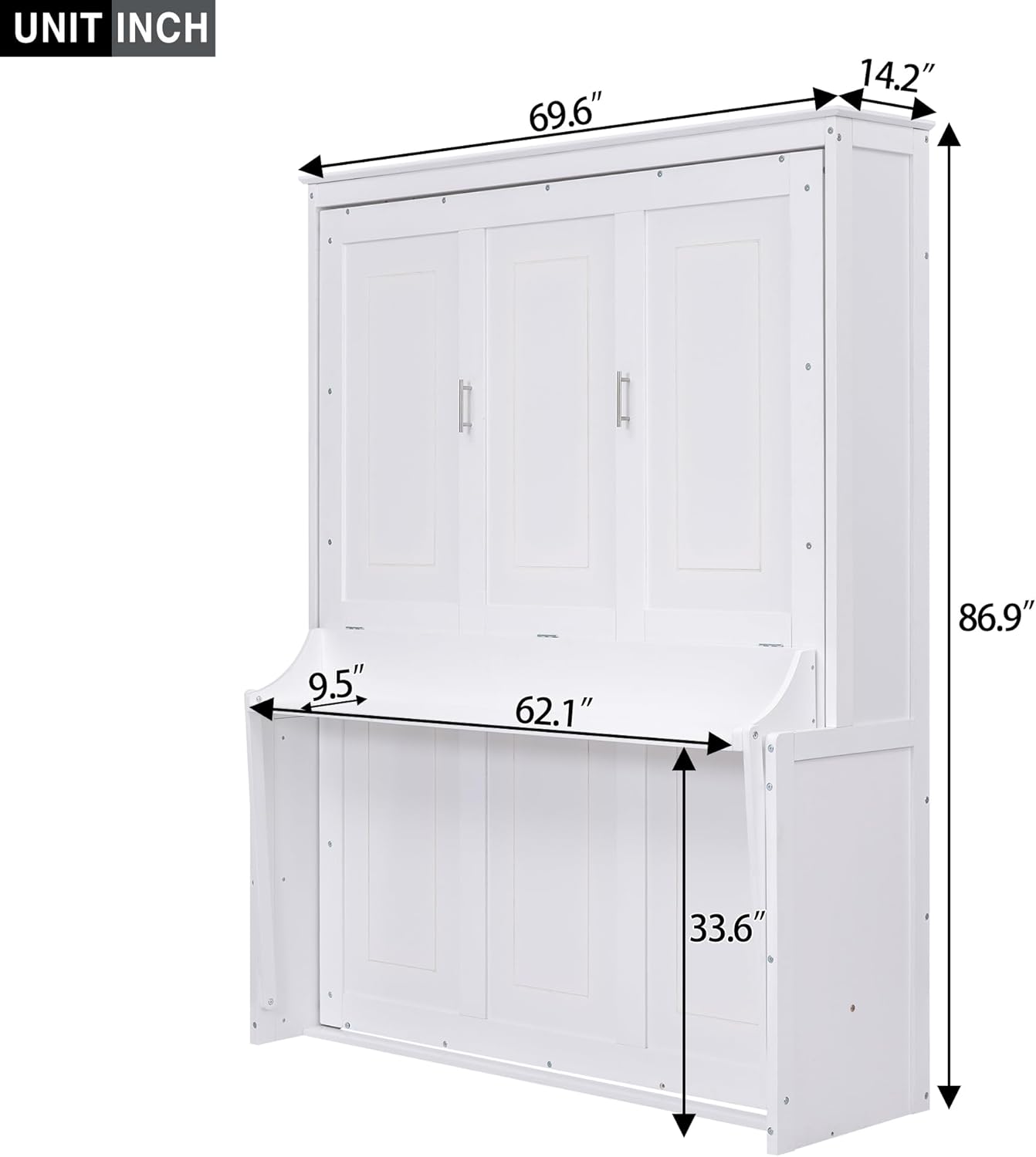 Queen Size Shelf, Wood Multifunctional Murphy Wall Bed Frame for Bedroom Living Room Furniture, Space-Saving, White