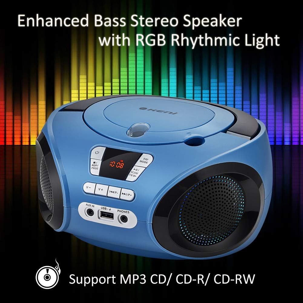 G Keni Portable CD Player Boombox with FM Radio/USB/Bluetooth/AUX Input and Earphone Jack Output, Stereo Sound Speaker, Audio Player, Blue Pack of 2