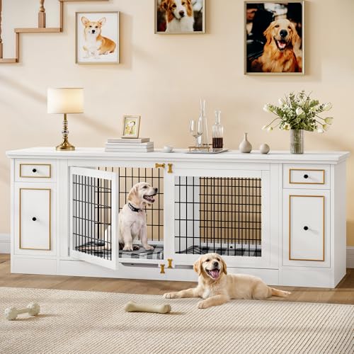 YITAHOME Double Dog Crate Furniture with Tray, 79" Dog Kennel TV Stand with Storage, Wooden Large Dog Kennel for 2 Small/Medium Dogs, White