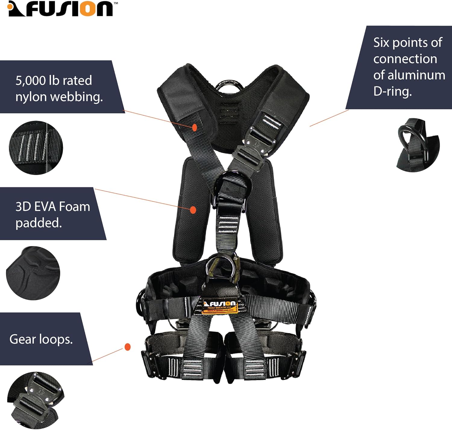 Fusion Climb Tac GT Tactical Full Body EVA Padded Heavy Duty Adjustable Zipline Harness 23kN M-L Black