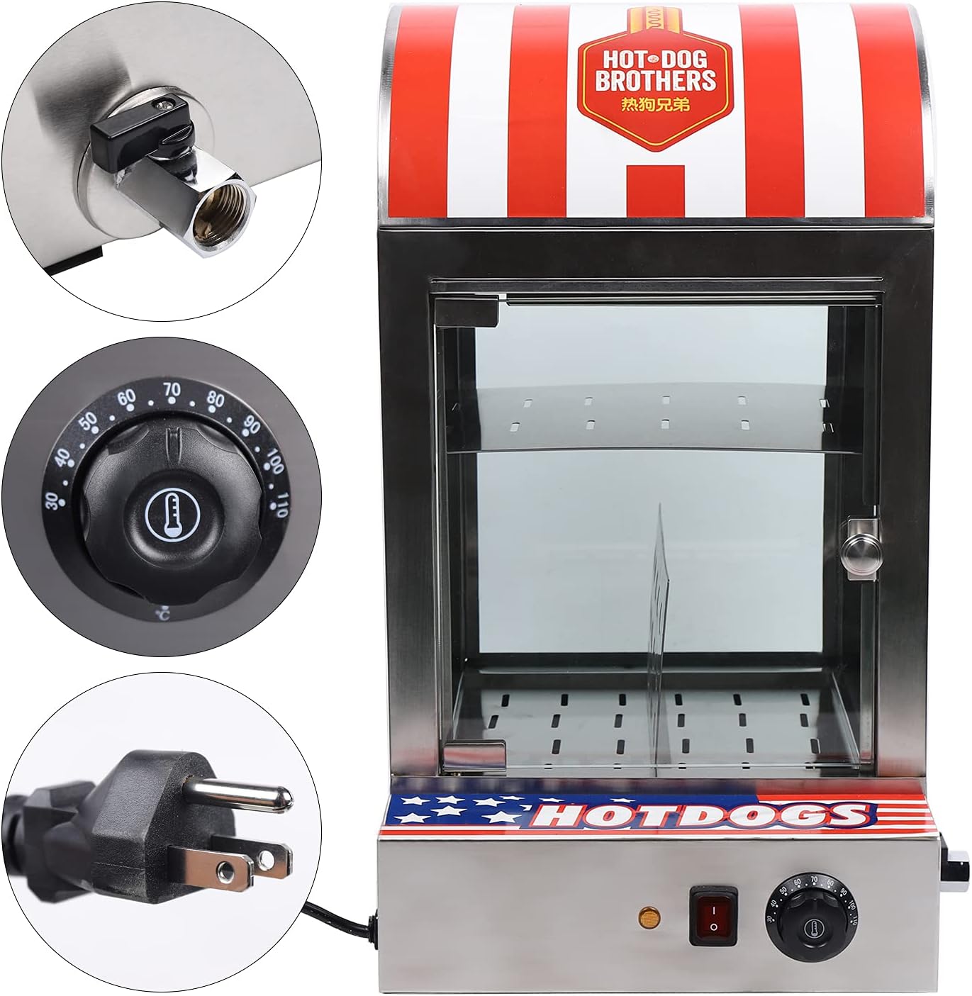 Hot Dog Steamer Machine, 110V 1500W 30-110℃/86-230℉ 2-Tier Commercial Top Load Hot Dog Hut Steamer, Stainless Steel Electric Bun Bread Sausage Warmer with Glass Windows and Partition Plate Shelves
