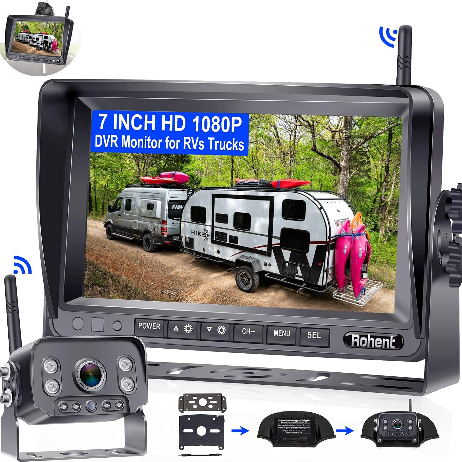 Wireless Backup Camera for RV HD 1080P with 7 Inch DVR Monitor High-Speed Rear View Observation System for RVs Trucks Trailers 5th Wheels with Adapter Compatible with Furrion Pre-Wired RV Rohent R9