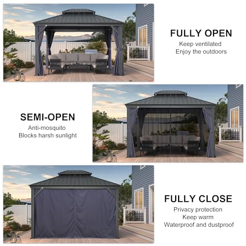 PURPLE LEAF 10' X 14' Permanent Hardtop Gazebo Aluminum Gazebo with Galvanized Steel Double Roof for Patio Lawn and Garden, Curtains and Netting Included, Grey