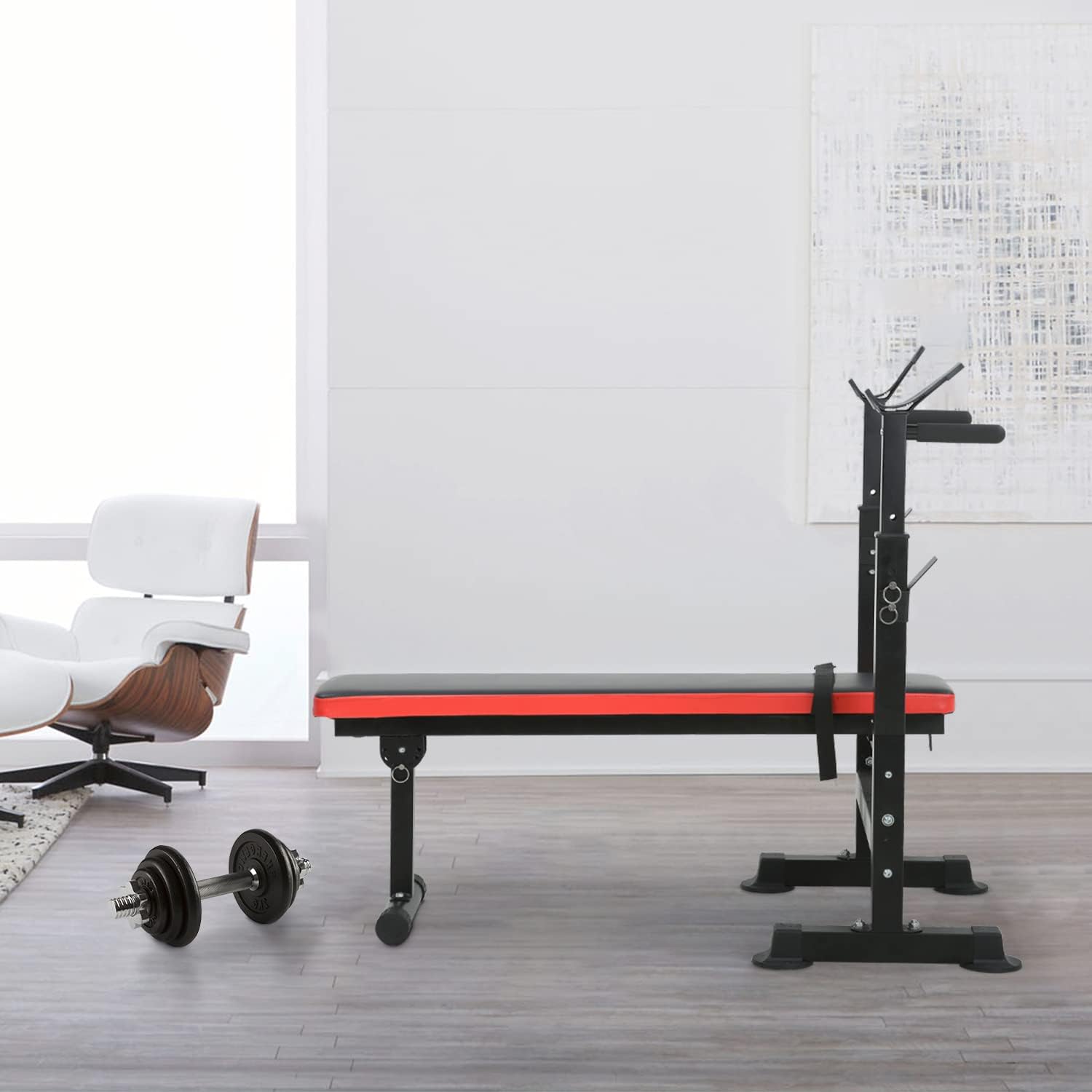 PayLessHere Adjustable Weight Bench with Barbell Rack,Bench Press Folding Multi-Function Workout Bench with Dip Station & Curl Bar, Weight Lifting Bench Strength Training Bench for Home Gym