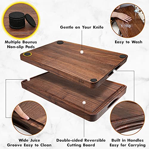 AZRHOM Extra Large Thick Walnut Wood End Grain Cutting Board 24x18x2 In, Wooden Butcher Block, Chopping Board For Kitchen with Juice Groove Handles Non-Slip Pats (Gift Box)