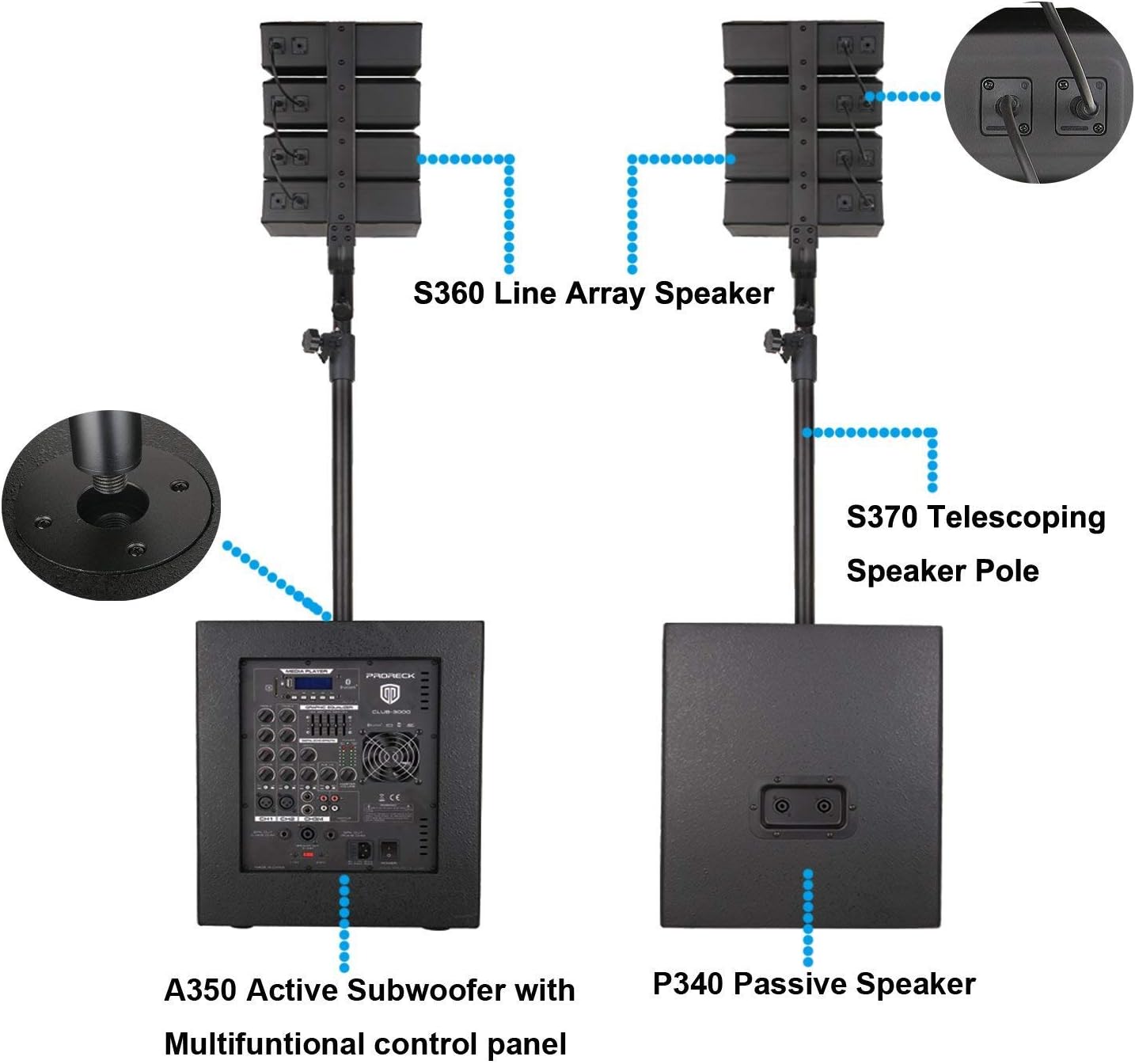 PRORECK Club 3000 12-Inch 4000w DJ Powered PA Speaker System Combo Set with Bluetooth USB Drive Read Function SD Card Remote Control,Two subwoofers and 8 line Array Speakers Set for Church, DJ, Live