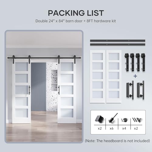 36x84 Inch Glass Sliding Barn Door Slab and 6.6ft Hardware Kit Included, 5 Frosted Glass, LVL Wood Panel Covered with White Water-Proof Scratch-Proof PVC Surface, Simple DIY Assembly