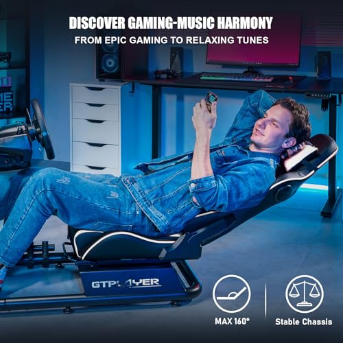 GTPLAYER Racing Simulator Cockpit with Seat and Bluetooth Speakers, Racing Style Reclining Seat and Ultra-Sturdy Alloy Steel Frame, A/B Box (Blue)