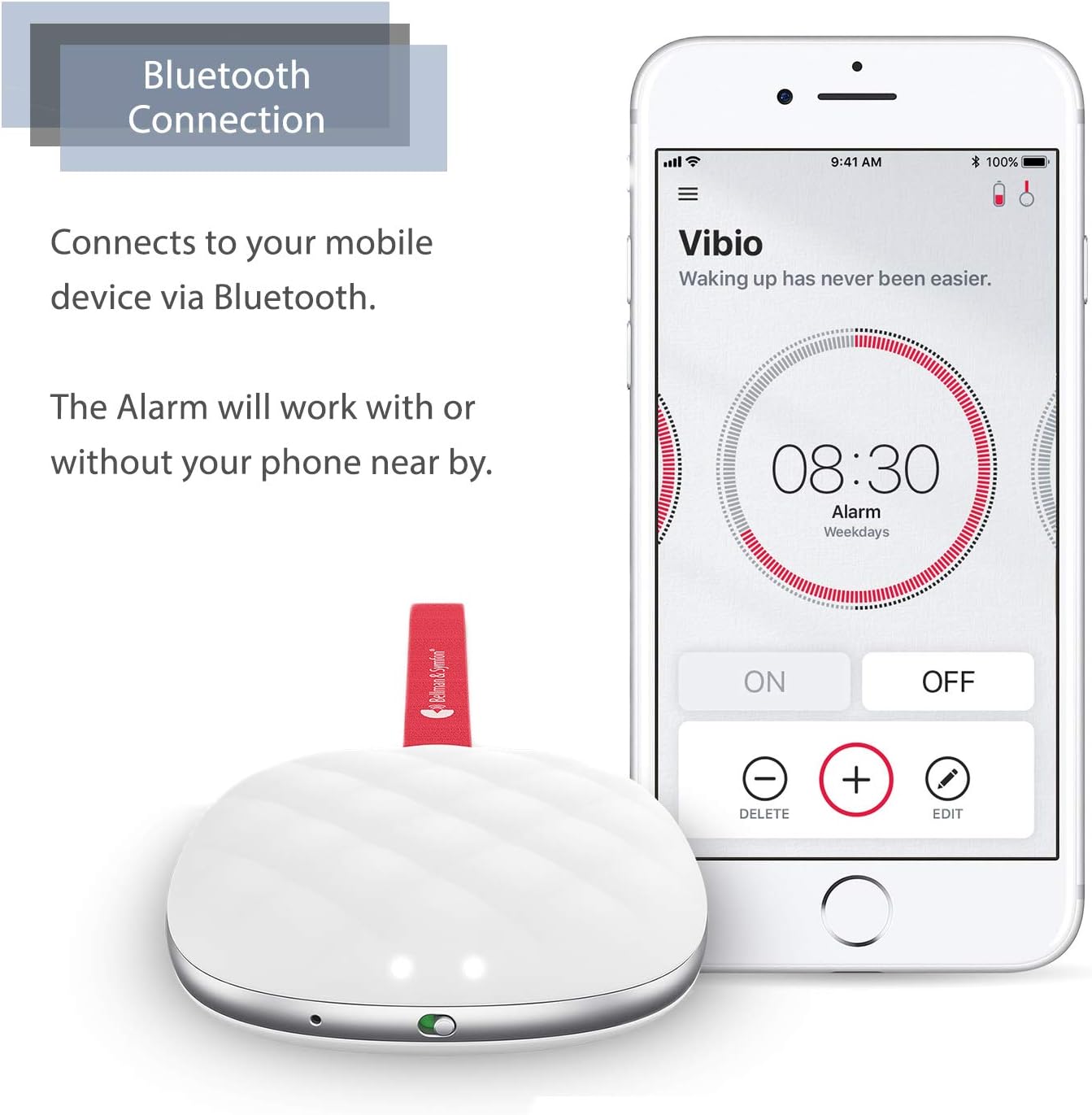 Bellman & Symfon Vibio - Wireless Bedshaker Alarm Connects to Mobile Device via Bluetooth - Create Custom Alarms on App : for Heavy Sleepers & People Who Can Not Hear Their Alarm, Deaf & Seniors