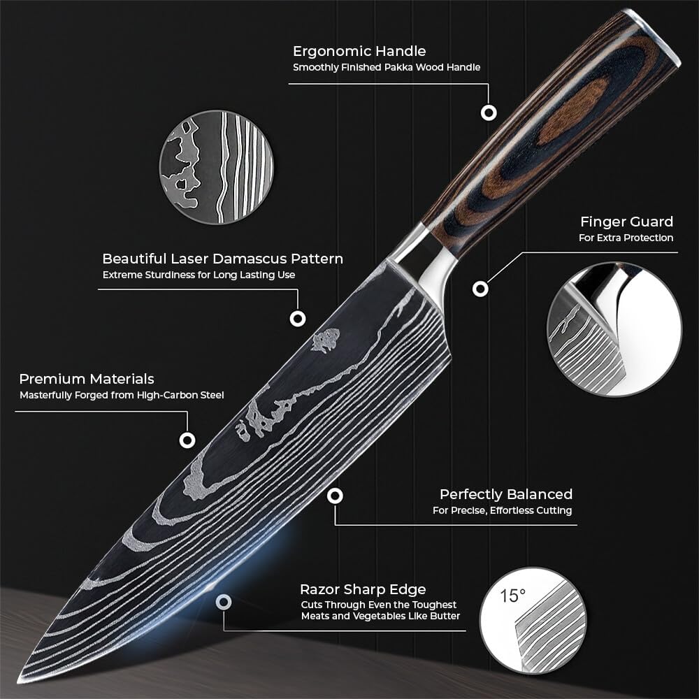 SENKEN 8-piece Premium Japanese Kitchen Knife Set with Laser Damascus Pattern - Imperial Collection - Ultra Sharp for Very Fast Cutting
