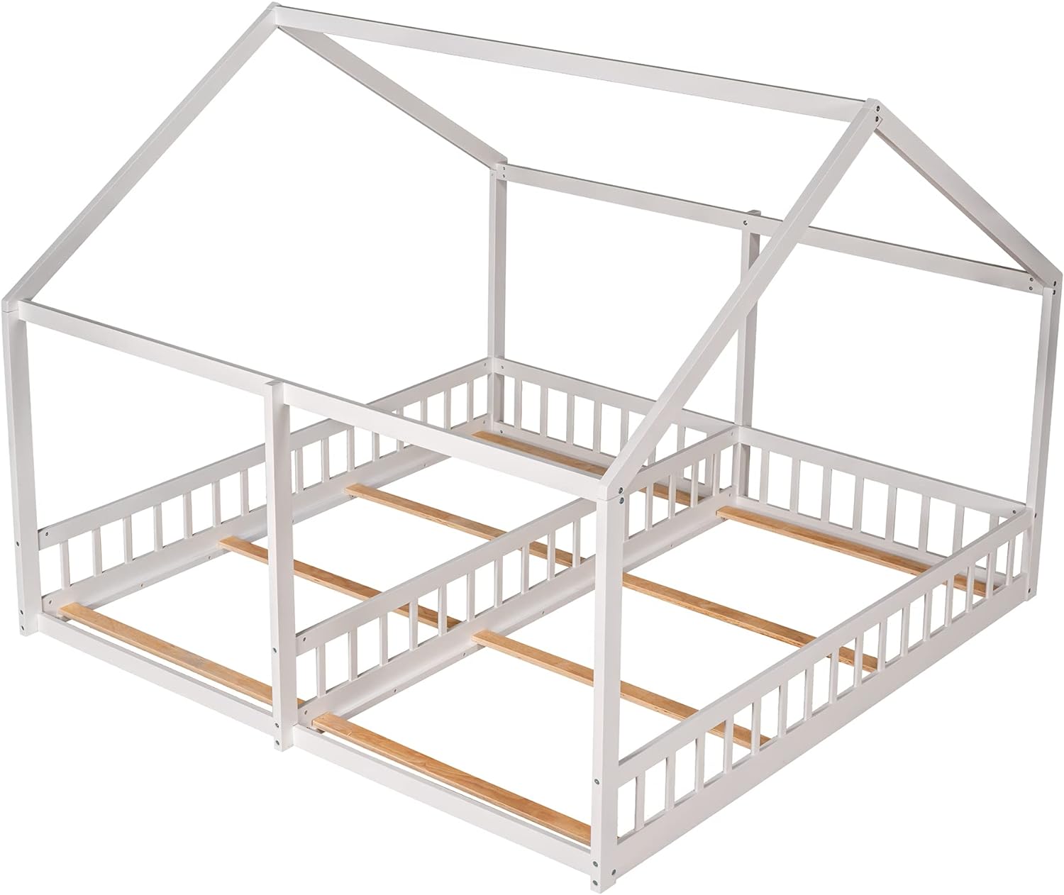 House Bed For 2 Kids, Double Shared Size Beds, Wooden Toddler, Montessori, Floor, Teens, Boys & Girls, Can Be Decorated Tent (Double, White)