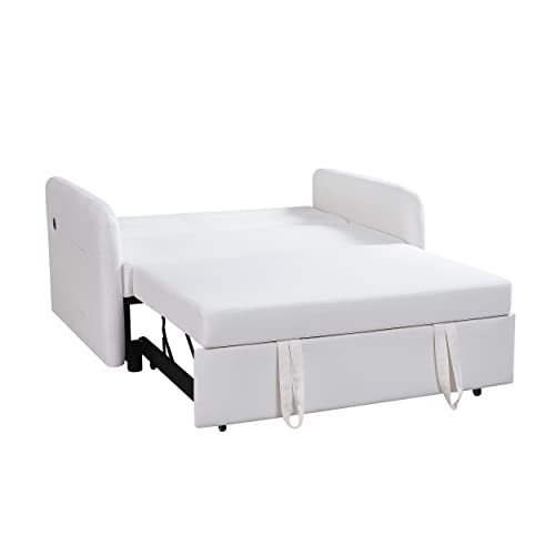 Upholstered 2 Seaters Futon Sofa Loveseat with Adjustable Backrest Convertible Sleeper Couch Bed for Small Space Apartment Office Living Room Velvet Tufted Twin XL W/Pillows,Side Pockets & USB Port
