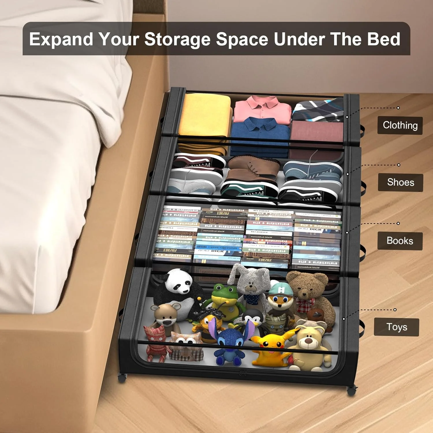 Under Bed Storage with Wheels 2 Pack, Under Bed Storage Containers, Large Under Bed Rolling Storage with Lid, Bedroom Storage Organizer for Clothes, Shoes,Toys, Books, Blankets BLACK