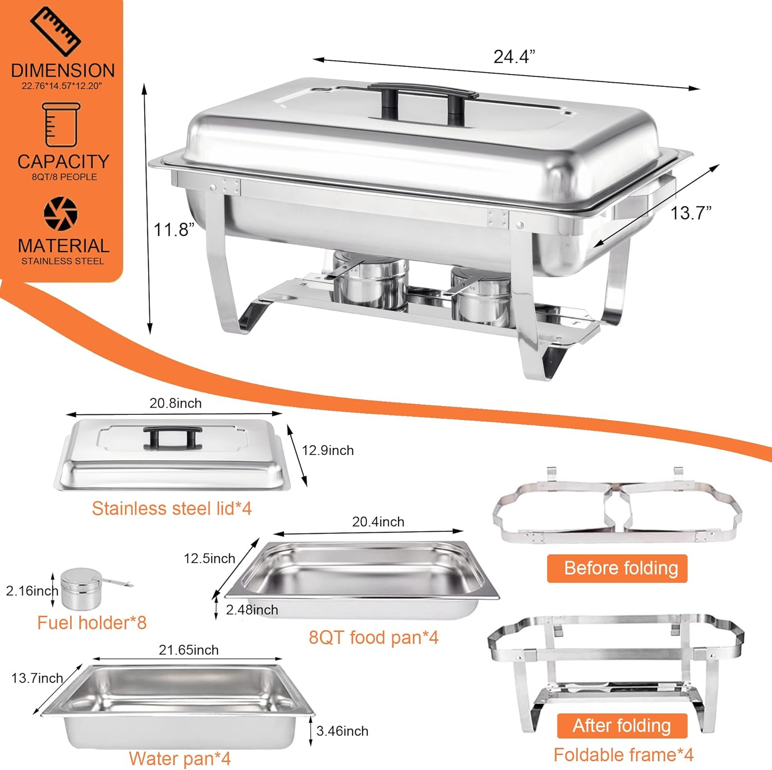 Chafing Dish Buffet Set - 4 Pack, 8 Quart Stainless Steel Chafer Buffet Servers and Warmers Set with Folding Frame for Weddings, Parties, Banquets, and Catering Eventst