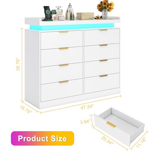 White Dresser with LED Lights, Wooden LED Dresser, 4 Drawer Chest with Charging Station, Tall Chest of Drawer Closet Organizer for Bedroom, Living Room, Entryway, Hallway