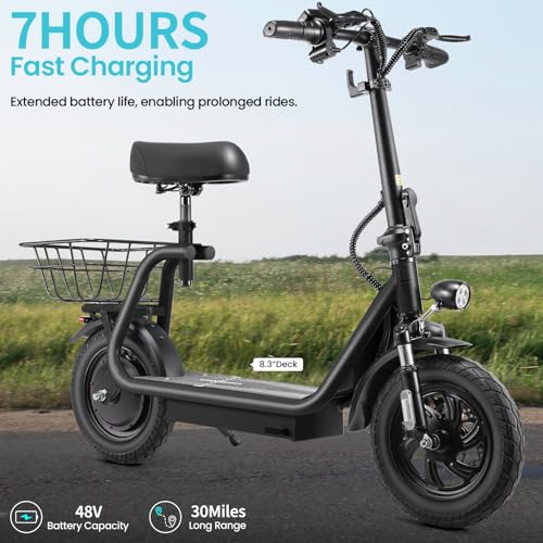 Caroma Peak 800W/1200W Electric Scooter Adults, 30 Miles Max Range, Foldable Electric Scooter with Seat, Front Suspension, Detachable Large Basket,Commuter E-Scooter for Adult and Teens